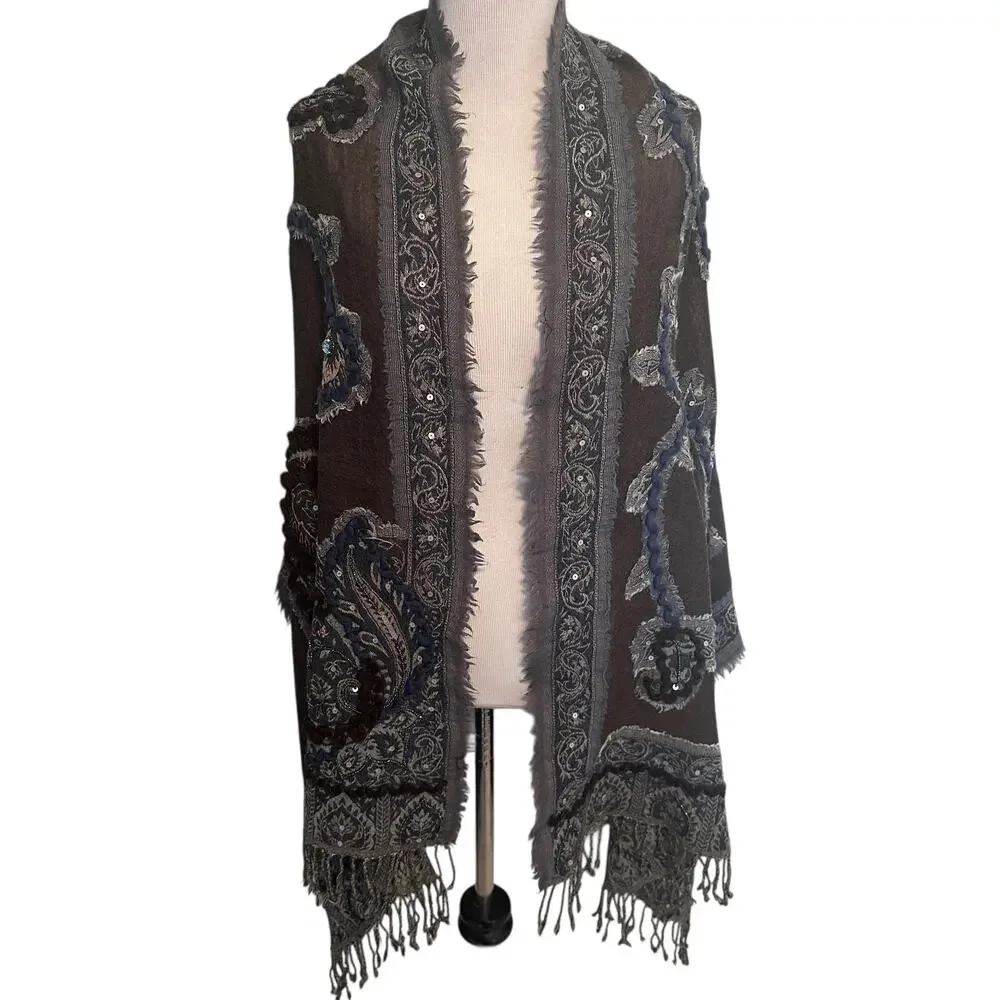 Tolani 100% Wool Scarf Brown Blue Embroidered Sequins Paisley Fringe Oversized